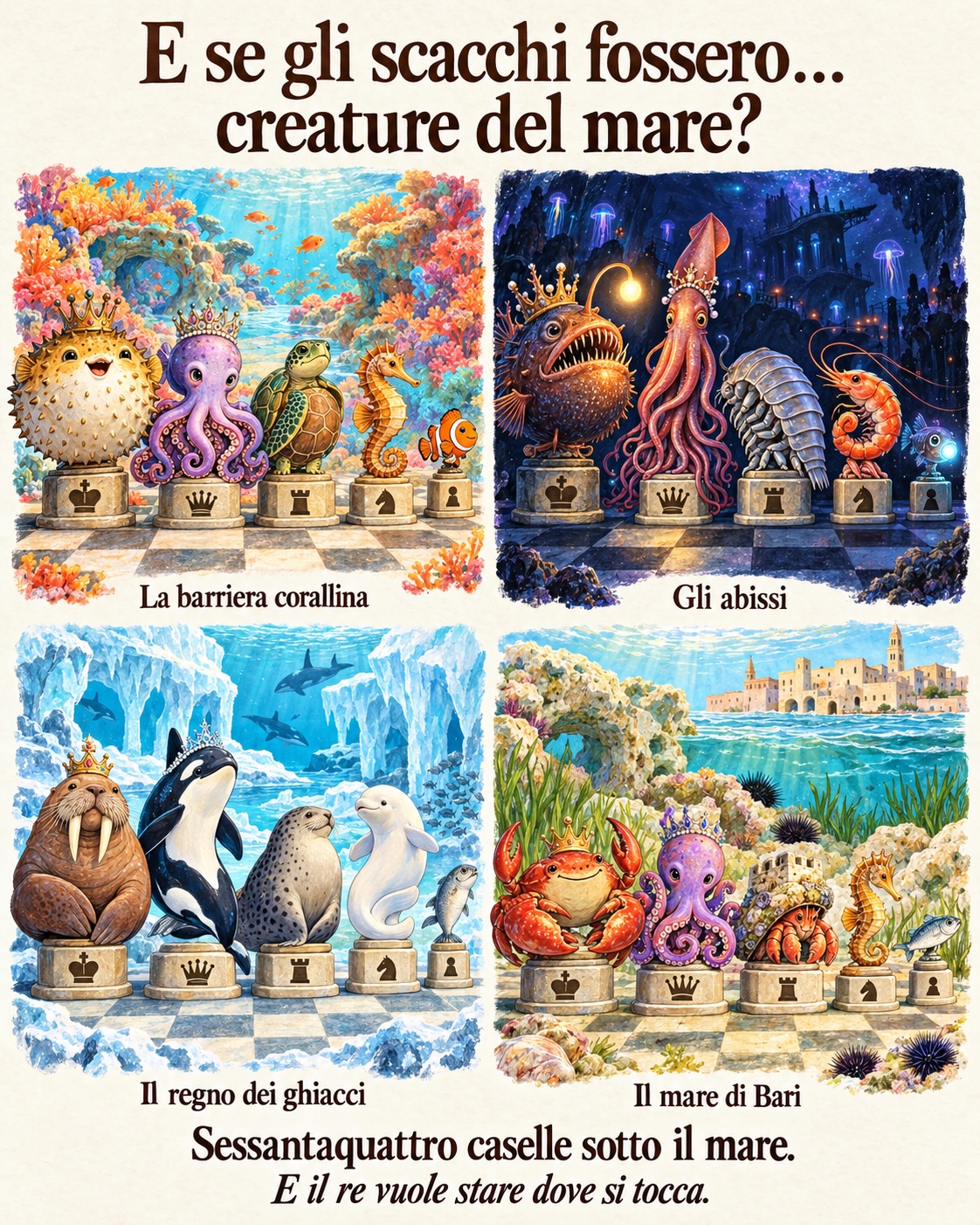 Uagnù, abbiamo buttato la scacchiera a mare. Il re ha chiesto i braccioli. 🐙♟️
La regina è diventata un polpo: otto braccia.
Le hanno dato il lavoro di sedici pezzi.
La torre-tartaruga si è ritirata nel guscio.
Dice che è una posizione solida.
Negli abissi il cavallo ti fa una forchetta e te ne accorgi mercoledì.
A Bari, invece, due sardine bloccano il passaggio.
«Passa tu».
«Non posso, c’è un pedone davanti».
Stanno ancora là.
E se gli scacchi fossero… creature del mare?
Quattro regni da esplorare, dai coralli al mare nostro.
Scorrete e scegliete dove tuffarvi.
Il re vi aspetta a riva. Dice che ha mangiato da poco. 😂