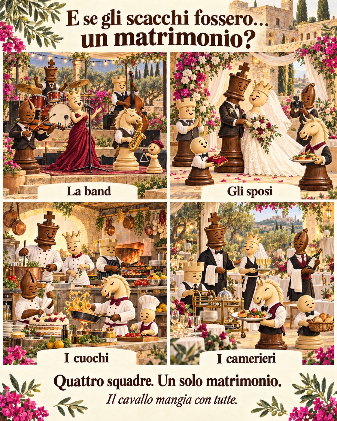 Uagnù, il re e la regina hanno detto sì. Il cavallo ha chiesto se c’è il bis. 💍♟️
Doveva venire solo al taglio della torta.
È al terzo primo, ha fatto cinque assaggi in cucina e adesso sostiene di essere della band.
La torre suona il contrabbasso.
L’alfiere decora la torta.
Il pedone ha portato gli anelli e vuole sapere se finalmente può mangiare.
I camerieri sono bloccati: due invitati hanno chiuso il centro con le sedie.
Nessuno vuole sacrificare il posto vicino al buffet.
E se gli scacchi fossero… un matrimonio?
Quattro squadre: band, sposi, cuochi e camerieri.
Il cavallo gioca con tutte. Soprattutto quando escono i piatti.
Scorrete e scegliete la vostra squadra.
Il gambetto della busta vuota, comunque, non è accettato. 😂