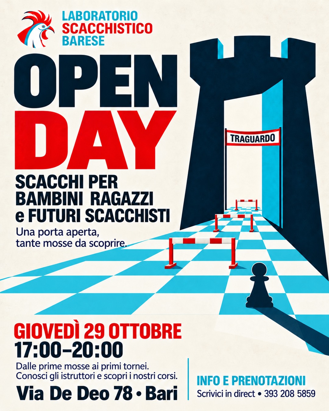 ♟️ Una porta aperta, tante mosse da scoprire.
Giovedì 29 ottobre, dalle 17:00 alle 20:00, il Laboratorio Scacchistico Barese apre le porte a bambini, ragazzi e… futuri scacchisti di ogni età!
C’è chi guarda una scacchiera con curiosità, chi conosce già le regole e vorrebbe giocare meglio, chi frequenta i tornei e cerca nuovi strumenti per crescere. Il nostro Open Day è un’occasione per incontrarci, conoscere gli istruttori e scoprire il percorso più adatto a te o a tuo figlio.
👧🧒 Per bambini e ragazzi, gli scacchi sono un’avventura fatta di scoperte: imparare a osservare, prendere una decisione, affrontarne le conseguenze e cercare un’altra strada quando qualcosa va storto. Si cresce anche così, condividendo una passione e trovando nuovi amici con cui mettersi alla prova.
♟️ Anche gli adulti trovano il proprio spazio: per cominciare dalle basi, riprendere una passione lasciata da parte o dare una direzione più precisa al proprio gioco.
Al Laboratorio proponiamo corsi per tutte le fasce d’età e tutti i livelli, dalle prime mosse alla preparazione agonistica. Per i percorsi avanzati ci avvaliamo anche della collaborazione con il Maestro Internazionale Gojko Laketić, offrendo nuovi stimoli a chi vuole affrontare con impegno il proprio miglioramento.
Come nel percorso della nostra locandina, ogni ostacolo può diventare un obiettivo da raggiungere. Si procede una mossa alla volta, con qualcuno che ti aiuta a trovare la strada e compagni con cui percorrerla.
Vieni a conoscere il nostro circolo e raccontaci da dove vuoi cominciare.
📅 Giovedì 29 ottobre
🕔 Dalle 17:00 alle 20:00
📍 Via De Deo 78, Bari
💬 Informazioni e prenotazioni in direct
📞 393 208 5859 — Piotr Michal Marczak
#OpenDay #ScacchiBari #ScacchiPerBambini #LaboratorioScacchisticoBarese #Bari